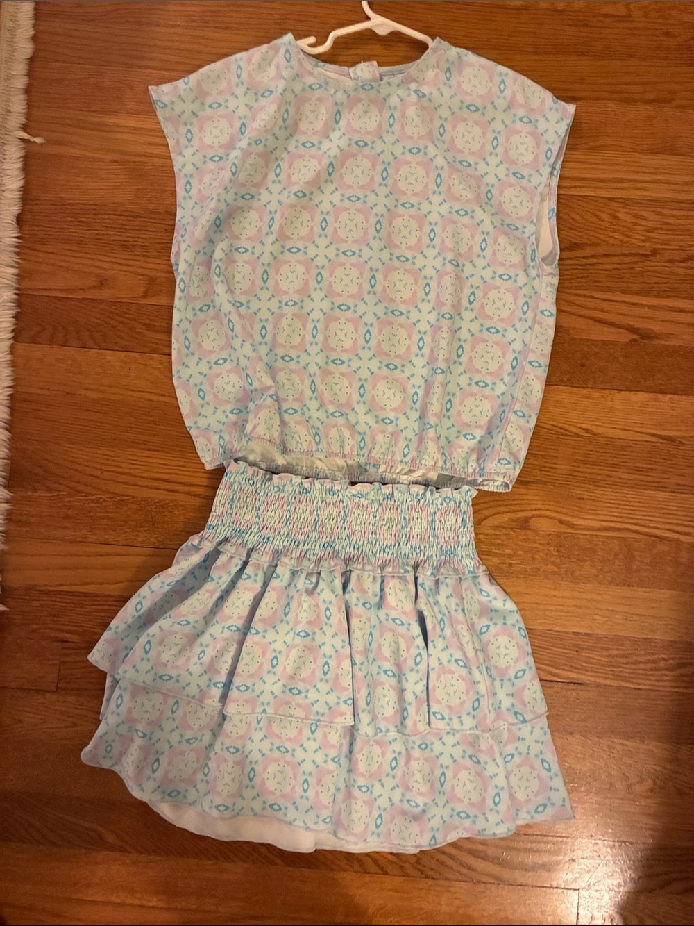 Girls Light Blue & Pink Patterned Matching Set - Elastic Waist Skirt & Top